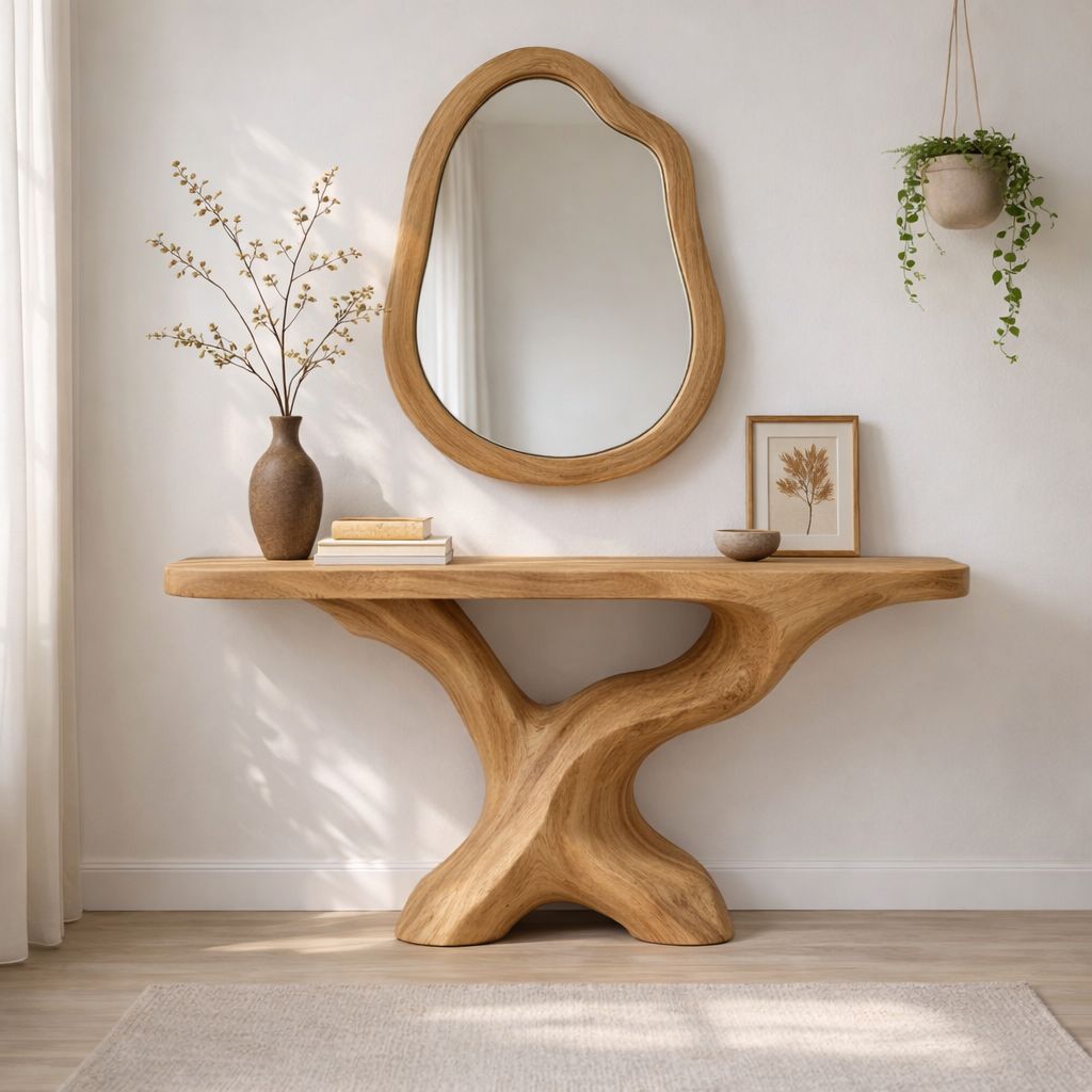 Sculptural Solid Wood Console Table, Organic Tree Base Entryway Table
