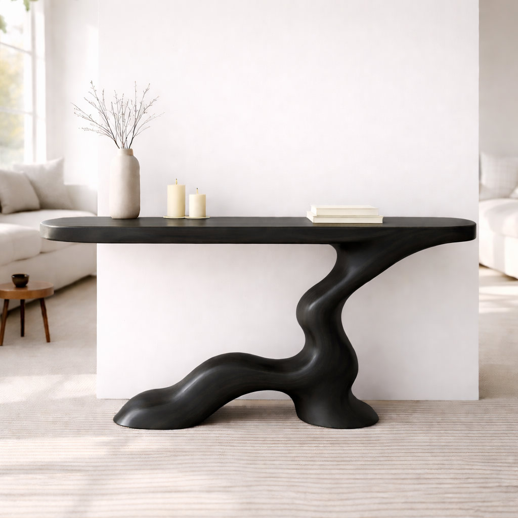 Modern Solid Wood Console Table, Sculptural Curved Base Entryway Hallway Walnut Statement Furniture Kitchnce