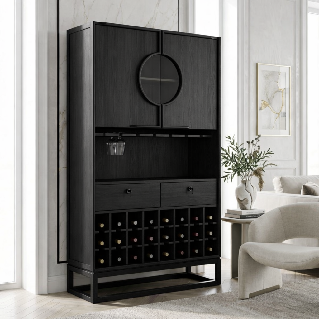 Contemporary Wooden Bar Cabinet, Sophisticated Wine Storage Hutch with Circular Doors