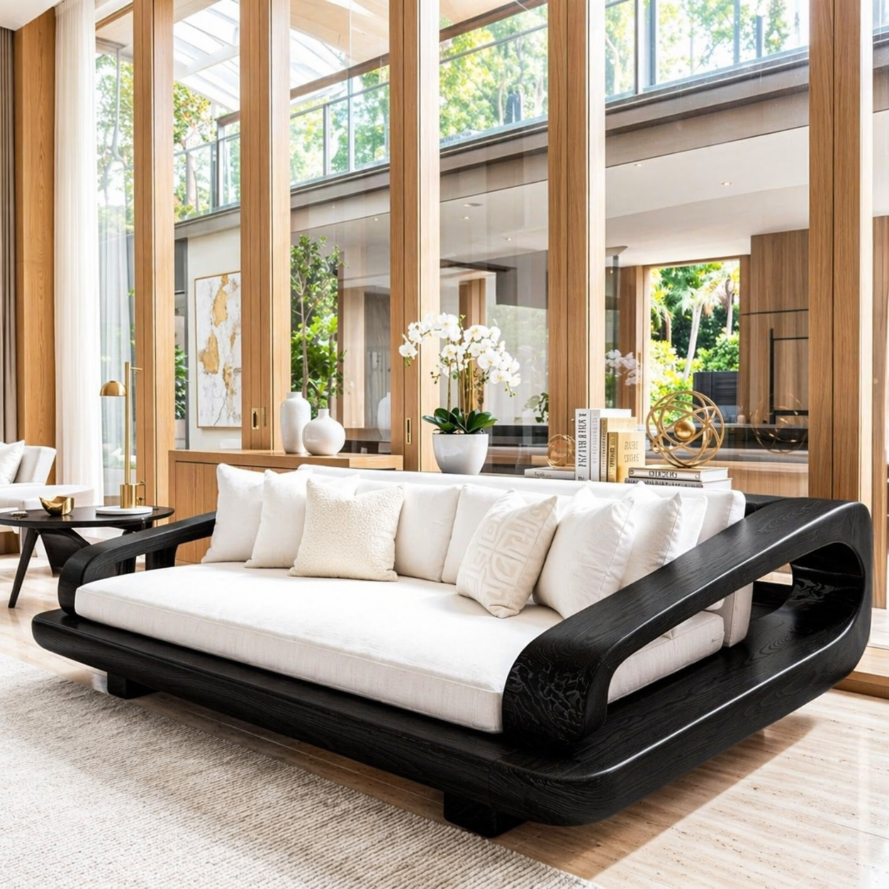 Luxury Wooden Platform Sofa, Minimalist Lounge Couch with Oversized White Cushions