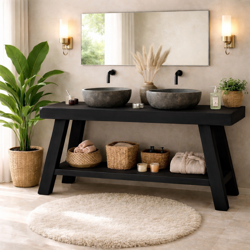 Rustic Double Sink Bathroom Vanity with Shelves Wooden Vanity Base Kitchnce