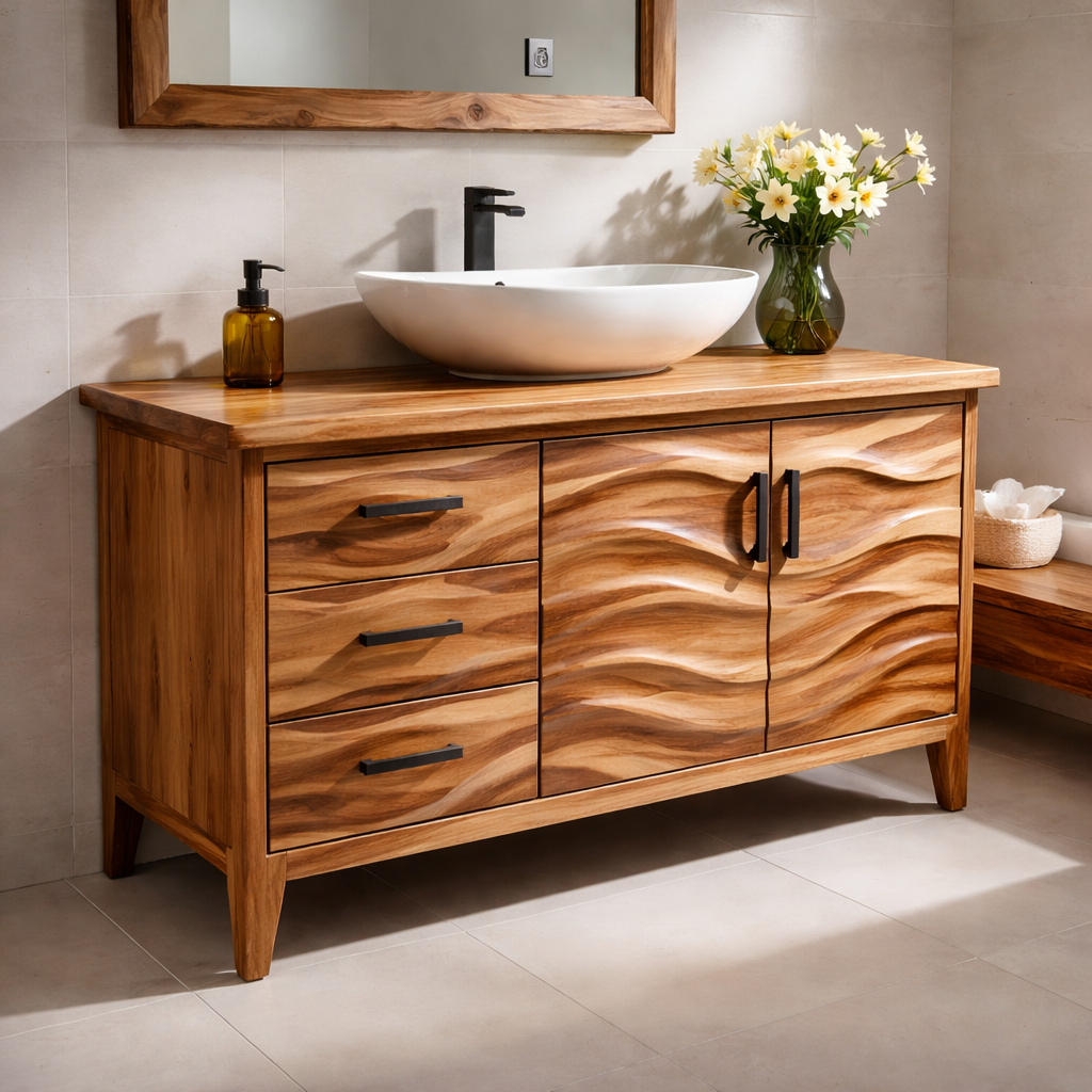 Solid Wood Bathroom Vanity with Wave Design & Drawers β Modern Rustic Base
