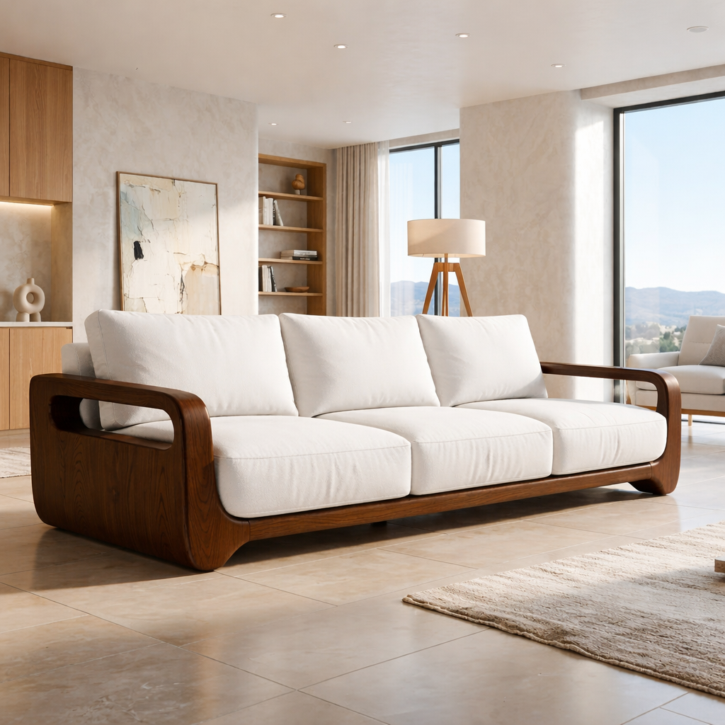 Modern Solid Wood Sofa with White Fabric Cushions Minimalist Japandi Living Couch