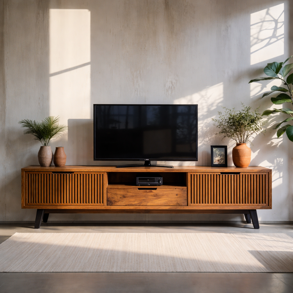 Solid Wood Media Console with Slatted Doors – Modern TV Stand with Storage
