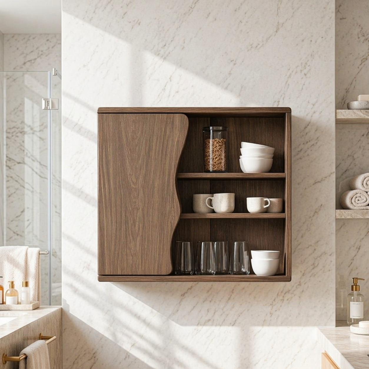 Floating Bathroom Cabinet, Modern Organic Wall Mounted Vanity Storage Shelf Unit