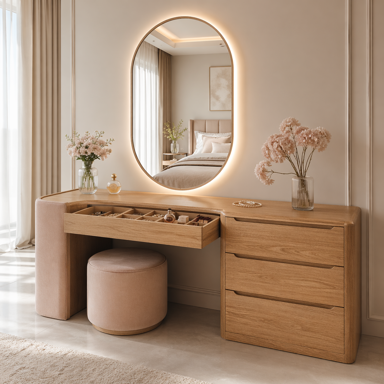 Modern Makeup Vanity Desk With LED Mirror Drawers Dressing Table Bedroom Storage Set