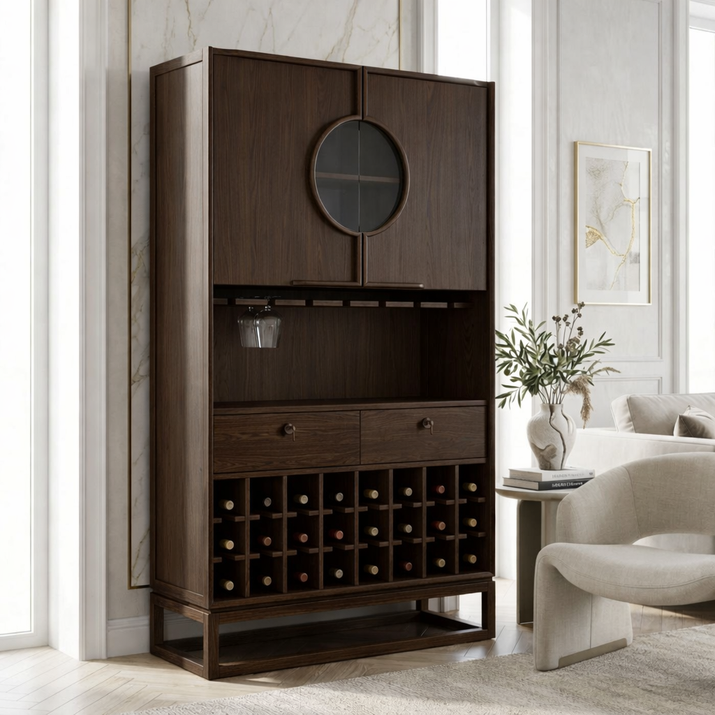 Contemporary Wooden Bar Cabinet, Sophisticated Wine Storage Hutch with Circular Doors