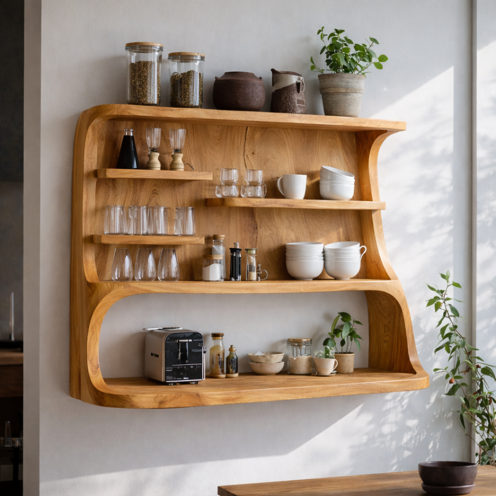 Solid Wood Floating Kitchen Cabinet with Open Shelves | Modern Storage Display