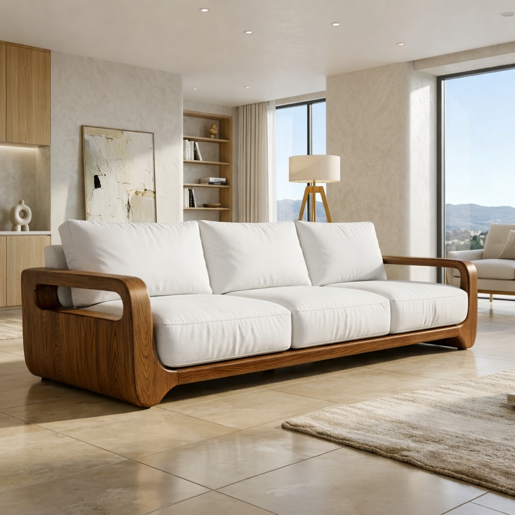Modern Solid Wood Sofa with White Fabric Cushions Minimalist Japandi Living Couch