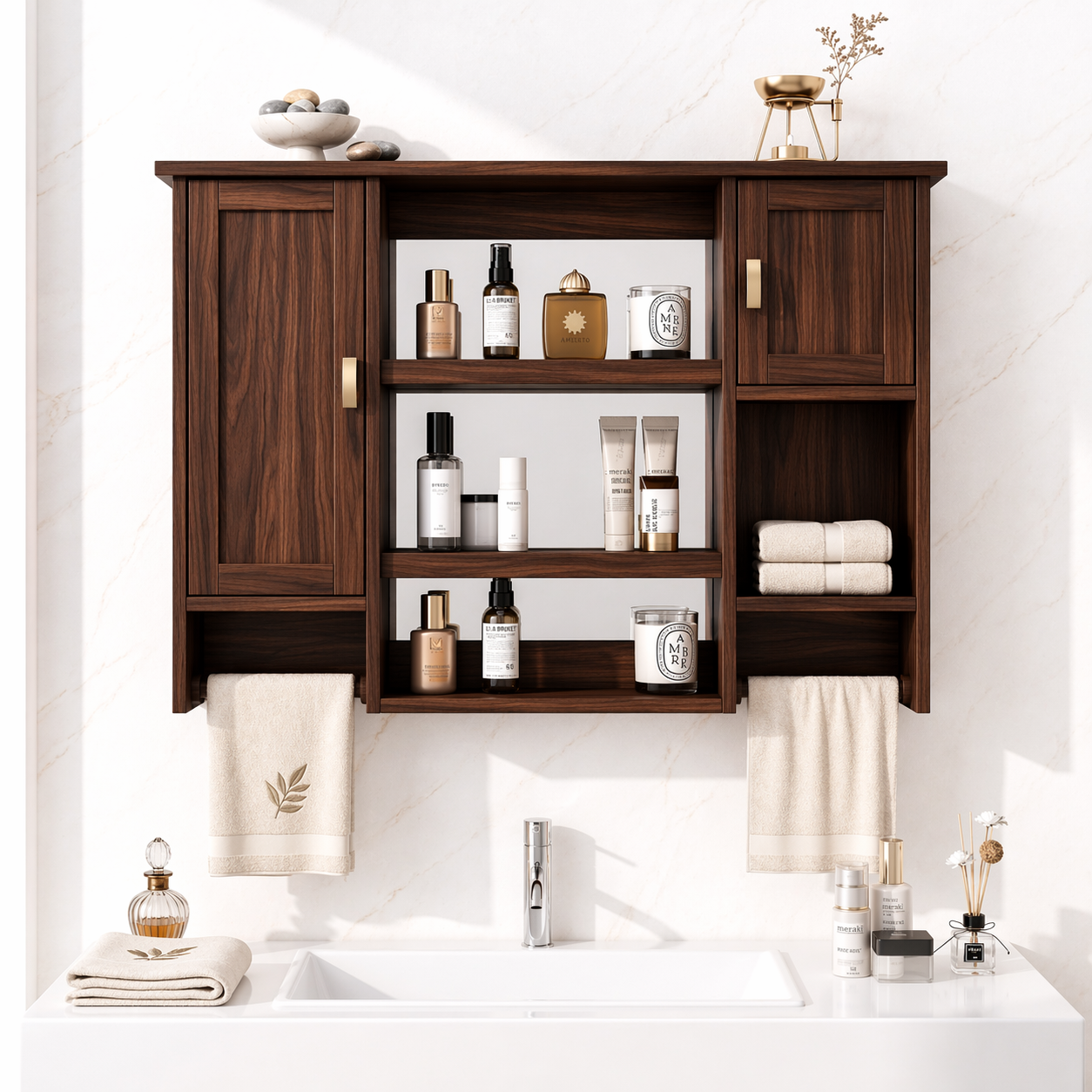 Floating Bathroom Cabinet, Wall-Mounted Vanity Storage Shelf With Towel Bars Unit