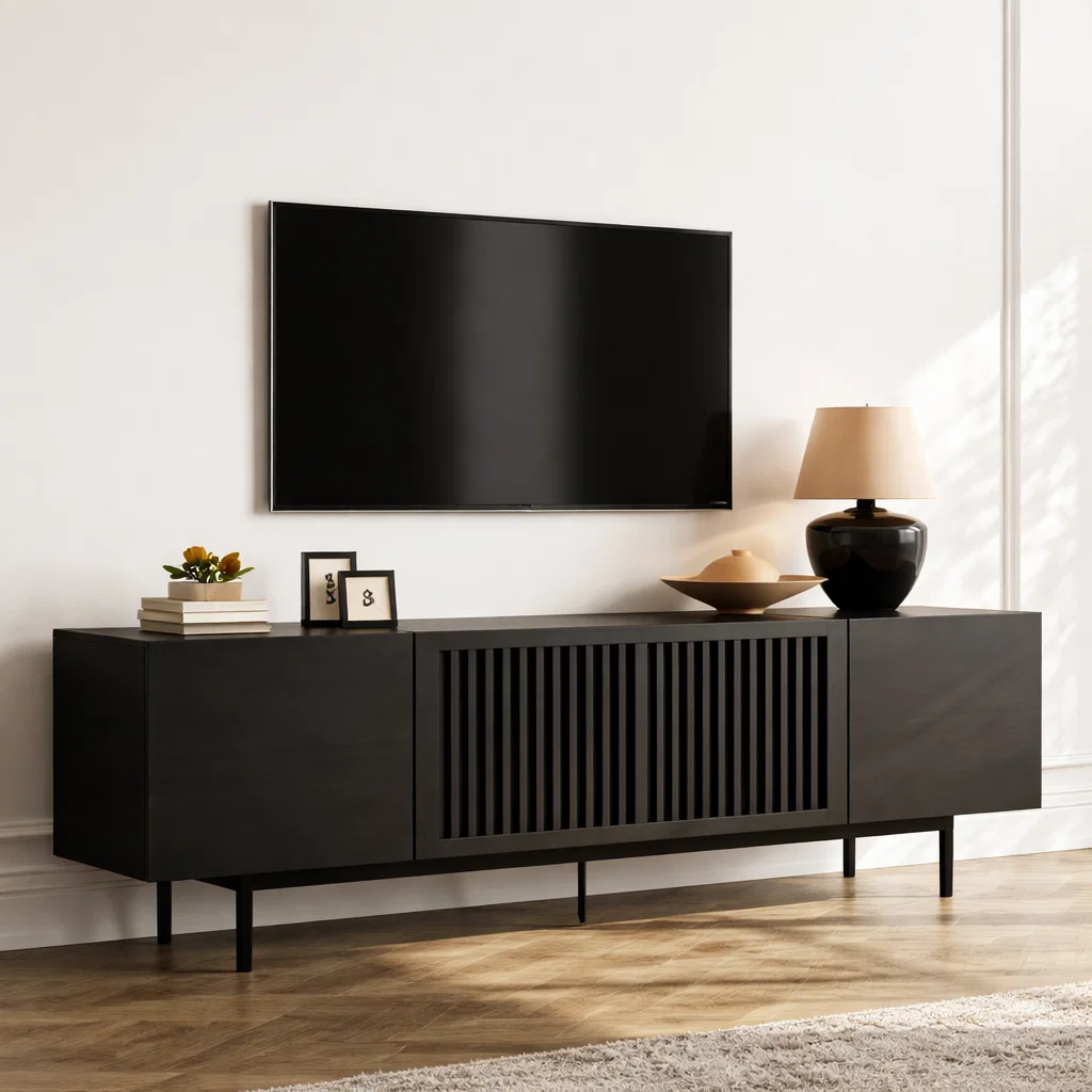 Solid Wood Media Console with Slatted Doors – Modern TV Stand Cabinet