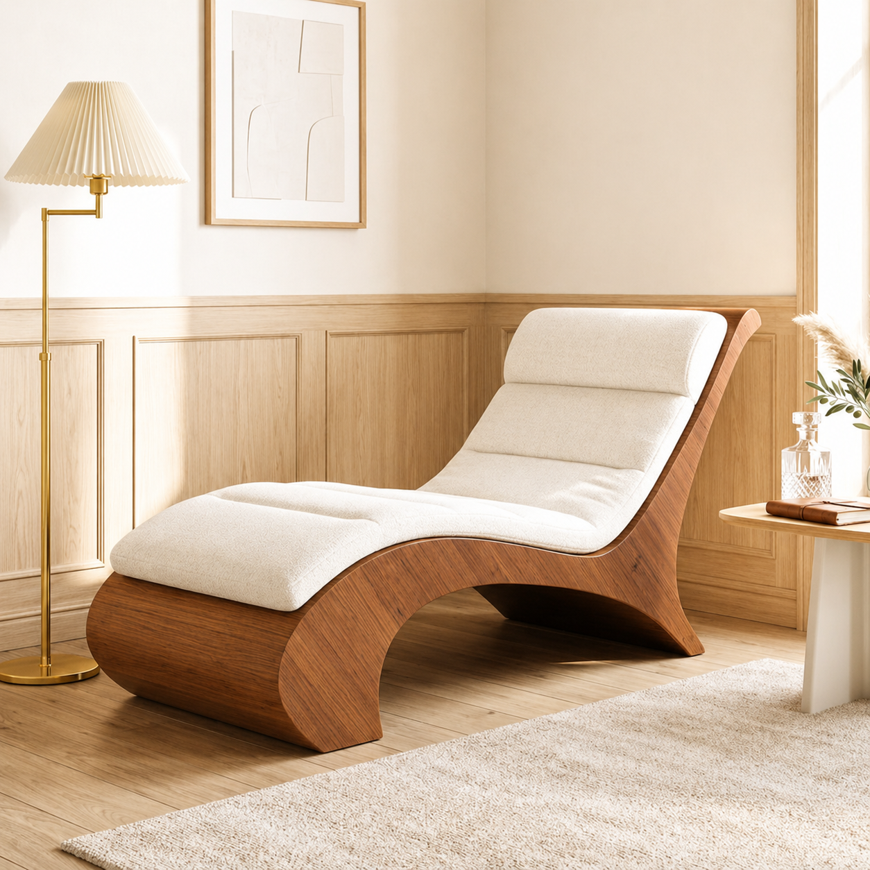 Sculptural Upholstered Chaise Lounge With Curved Frame, Cream Cushion, Reading Nook
