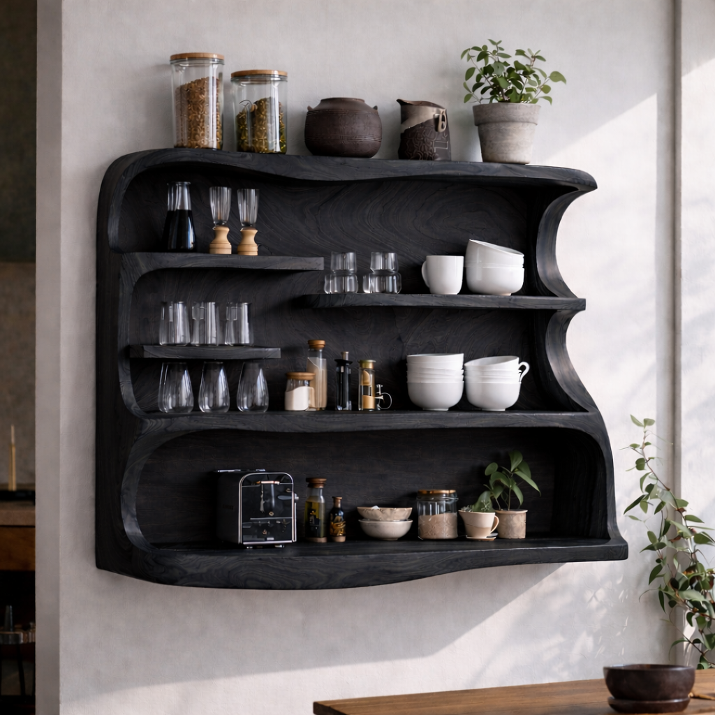 Floating Solid Wood Kitchen Cabinet with Open Shelves | Modern Rustic Storage