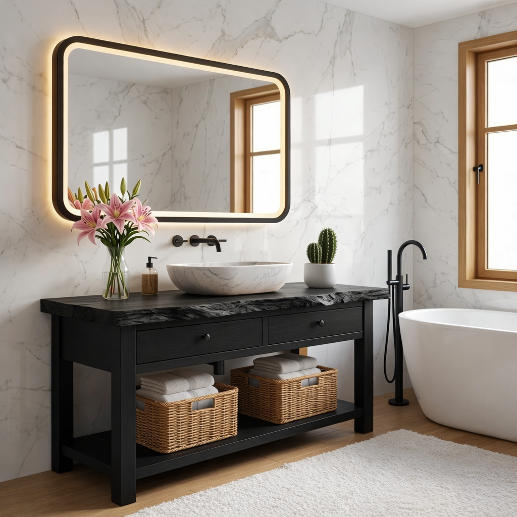 Modern Wooden Bathroom Vanity with Marble Sink and LED Mirror Kitchnce
