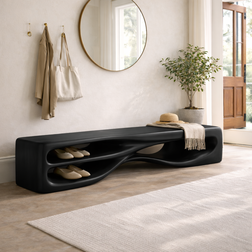 Modern Entryway Bench with Shoe Storage Sculptural Hallway Seat Statement Furniture