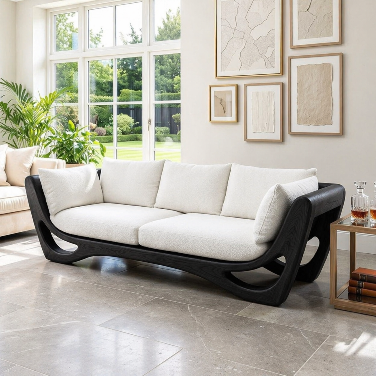 Modern Curved Wooden Sofa, Sculptural Minimalist Couch with Plush White Cushions