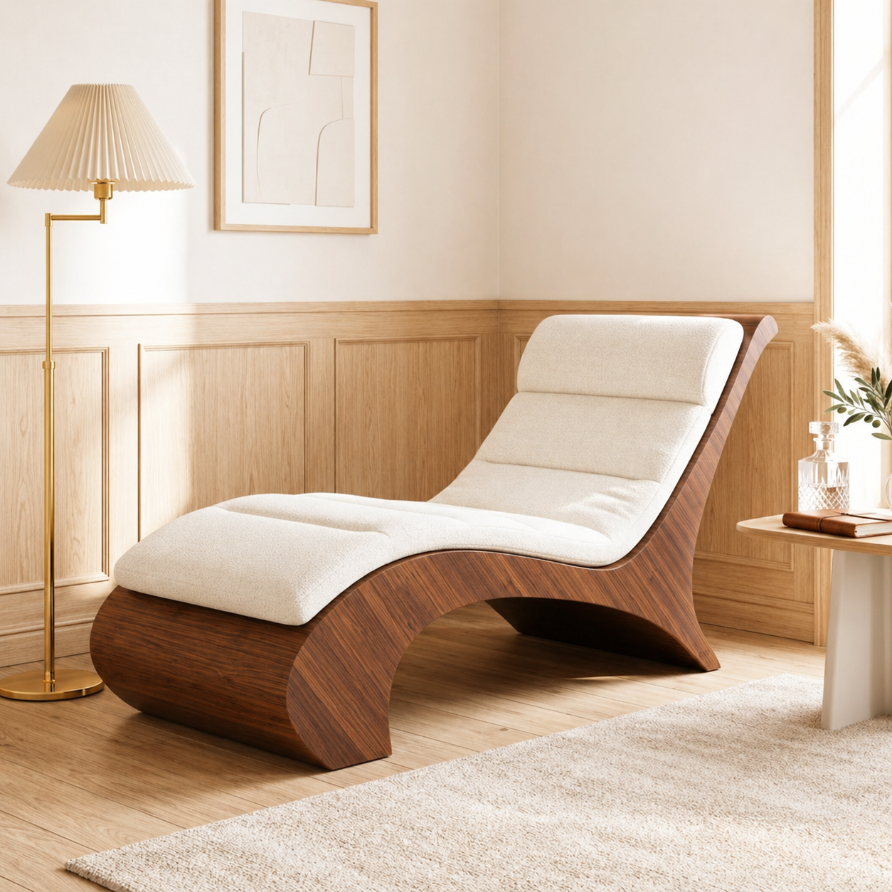 Sculptural Upholstered Chaise Lounge With Curved Frame, Cream Cushion, Reading Nook