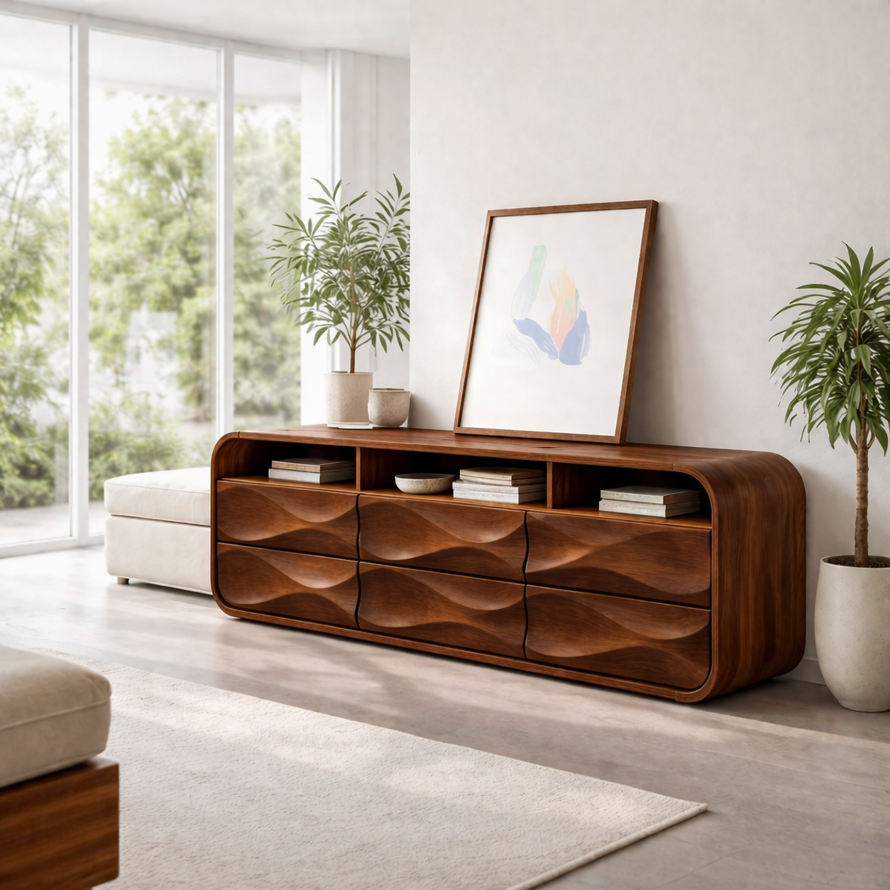 Modern Solid Wood Sideboard Cabinet with Sculpted Wave Drawers & Storage