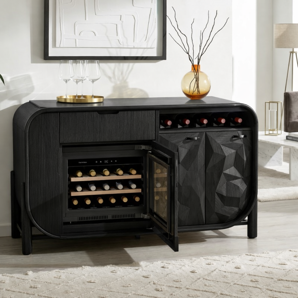Modern Wooden Wine Bar Cabinet, Rounded Sideboard with Integrated Cooler Storage
