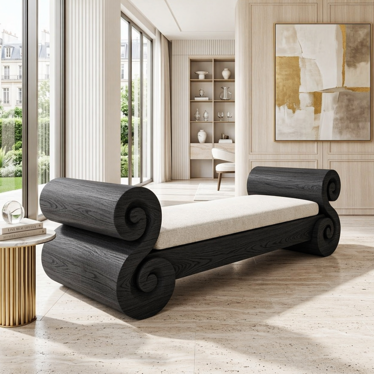 Scrolled End Bench Daybed, Sculptural Accent Seating for Elegant Modern Interiors