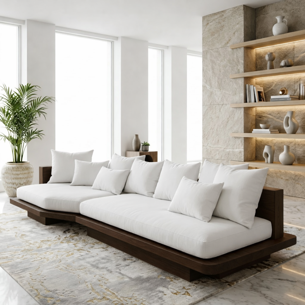 Modern Solid Wood Sofa with White Fabric Cushions Luxury Japandi Living Room Couch