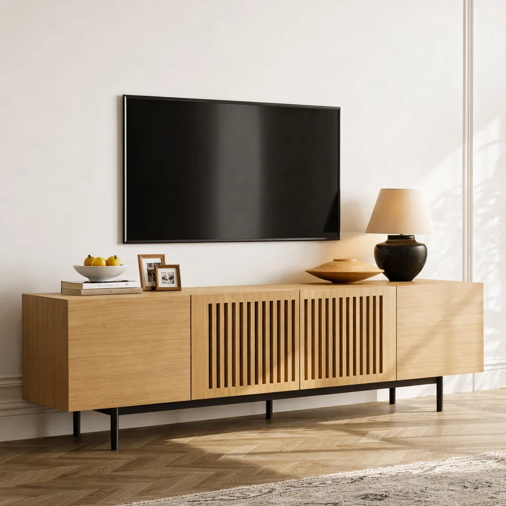 Solid Wood Media Console with Slatted Doors – Modern TV Stand Cabinet