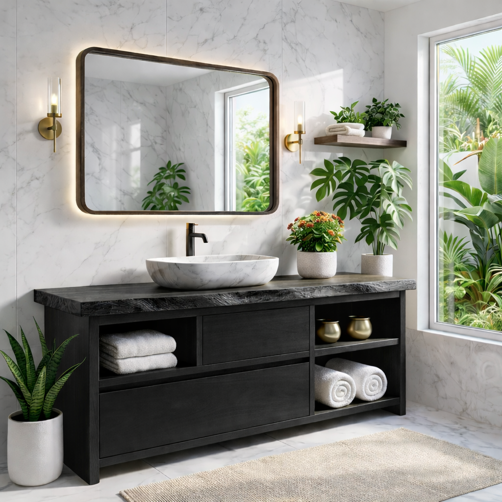Elegant Wooden Bathroom Vanity with Marble Sink and LED Mirror Kitchnce