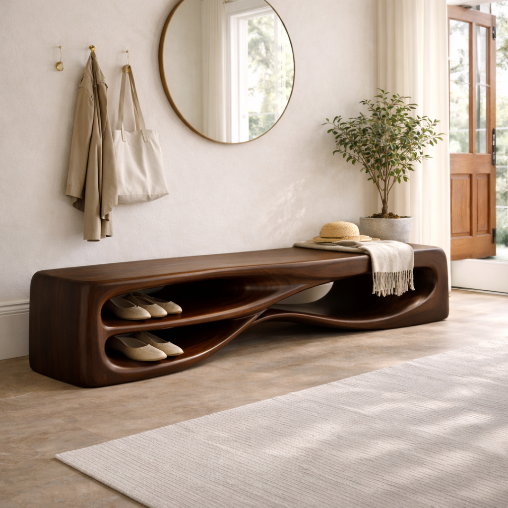 Modern Entryway Bench with Shoe Storage Sculptural Hallway Seat Statement Furniture