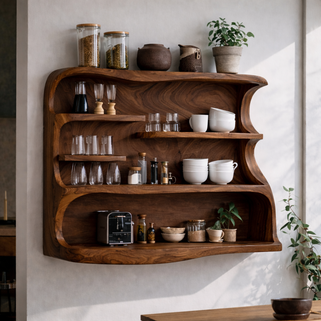Floating Solid Wood Kitchen Cabinet with Open Shelves | Modern Rustic Storage