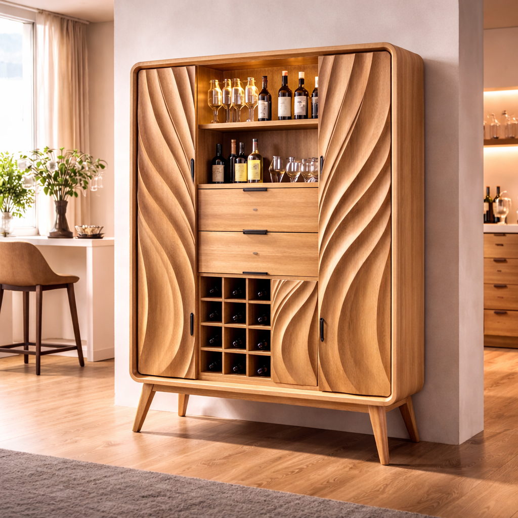 Modern Solid Wood Bar Cabinet with Sculpted Wave Doors and Wine Storage