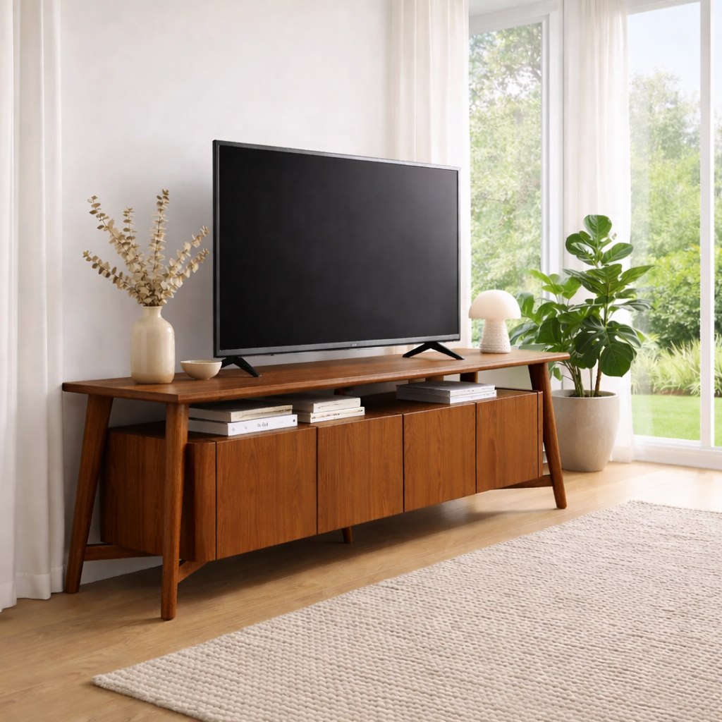 Mid Century Solid Wood TV Console with Cabinets & Open Storage Shelf