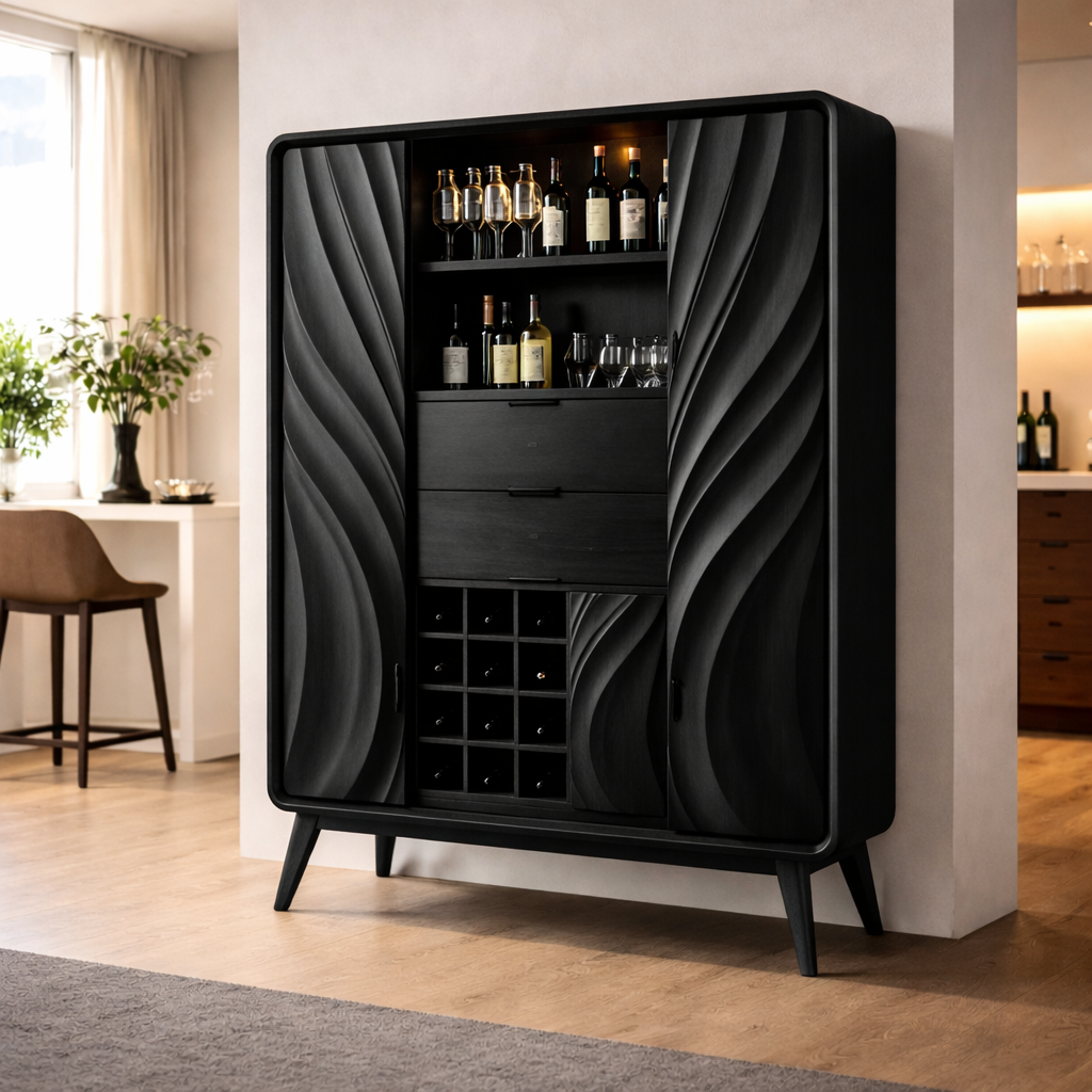 Modern Solid Wood Bar Cabinet with Sculpted Wave Doors and Wine Storage