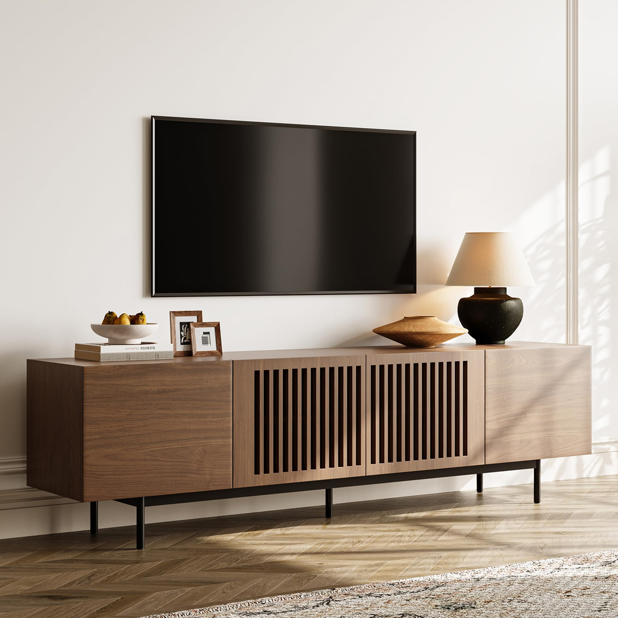 Solid Wood Media Console with Slatted Doors – Modern TV Stand Cabinet