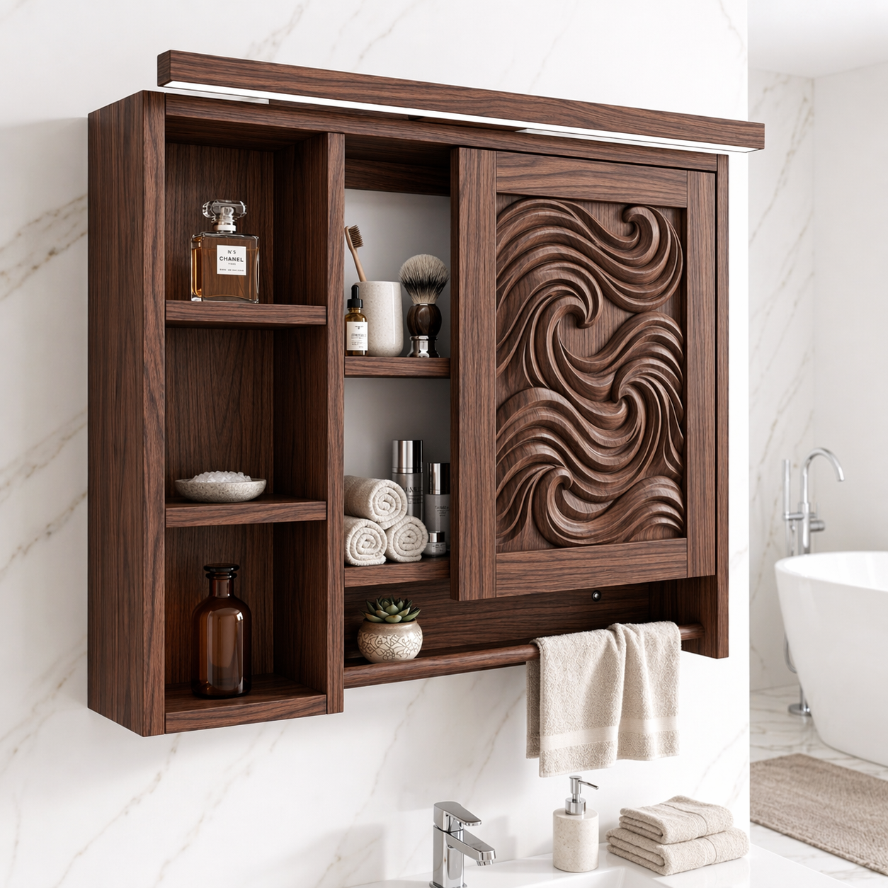 Modern Floating Bathroom Cabinet, Carved Wall-Mounted Vanity Storage Organizer Shelf