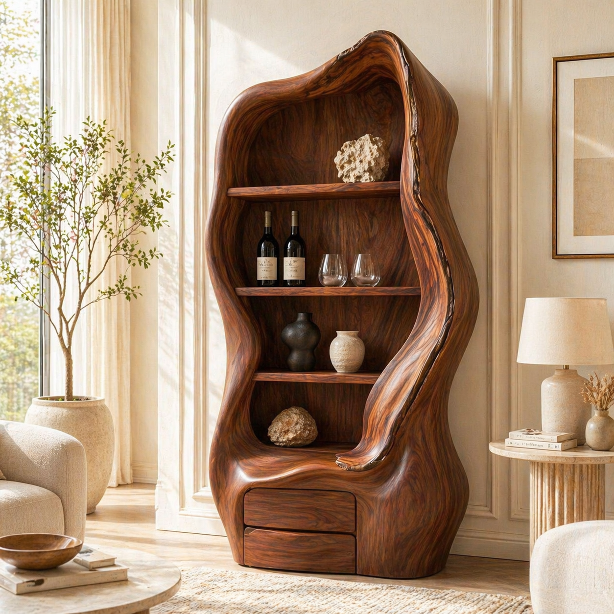 Sculptural Tall Wine Cabinet Organic Bar Storage Display Shelves Statement Furniture