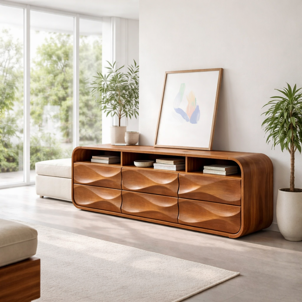 Modern Solid Wood Sideboard Cabinet with Sculpted Wave Drawers & Storage