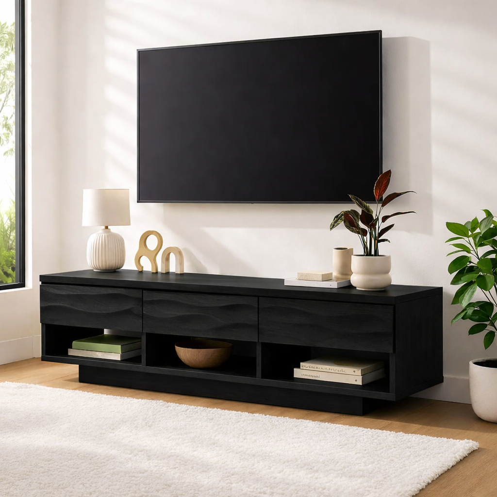 Handcrafted Solid Walnut TV Stand – Modern Wavy Drawer Media Console for Contemporary Homes Kitchnce