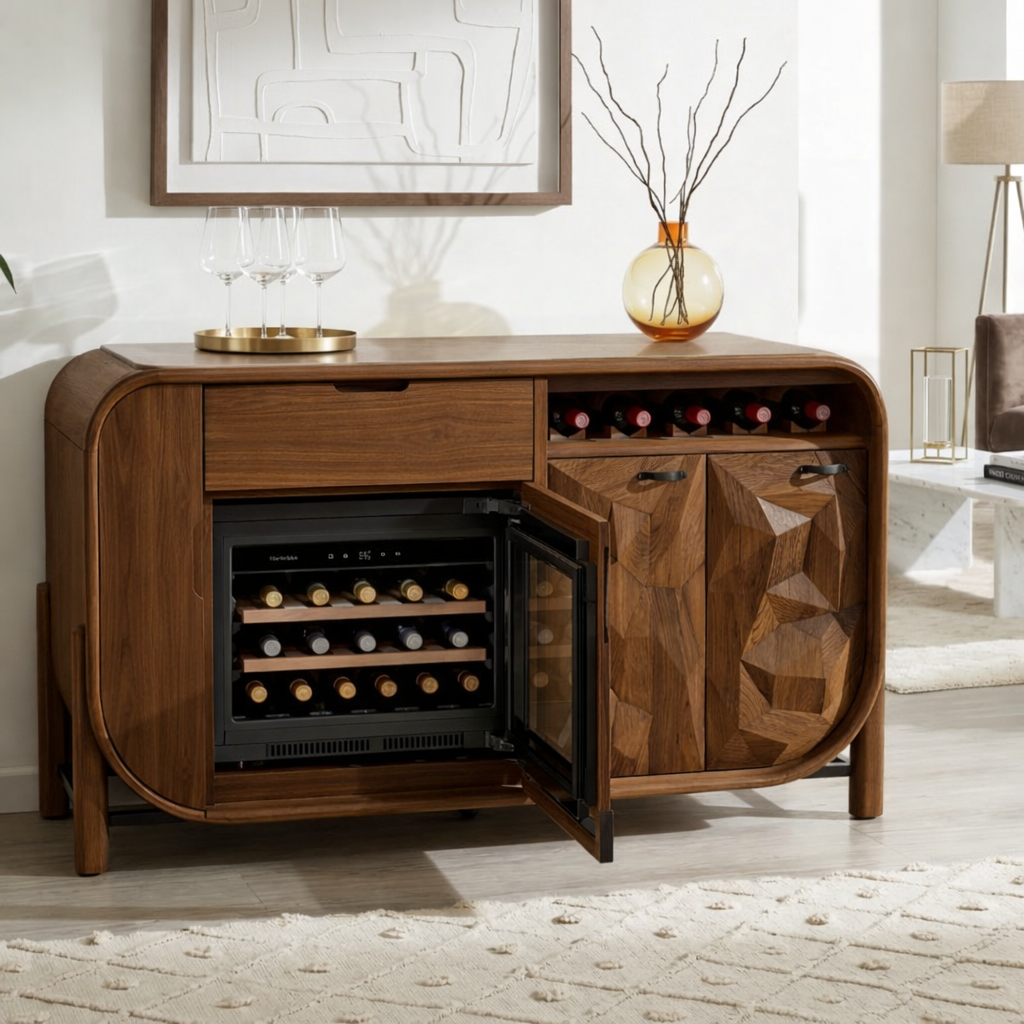Modern Wooden Wine Bar Cabinet, Rounded Sideboard with Integrated Cooler Storage
