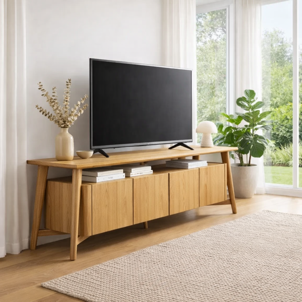 Mid Century Solid Wood TV Console with Cabinets & Open Storage Shelf