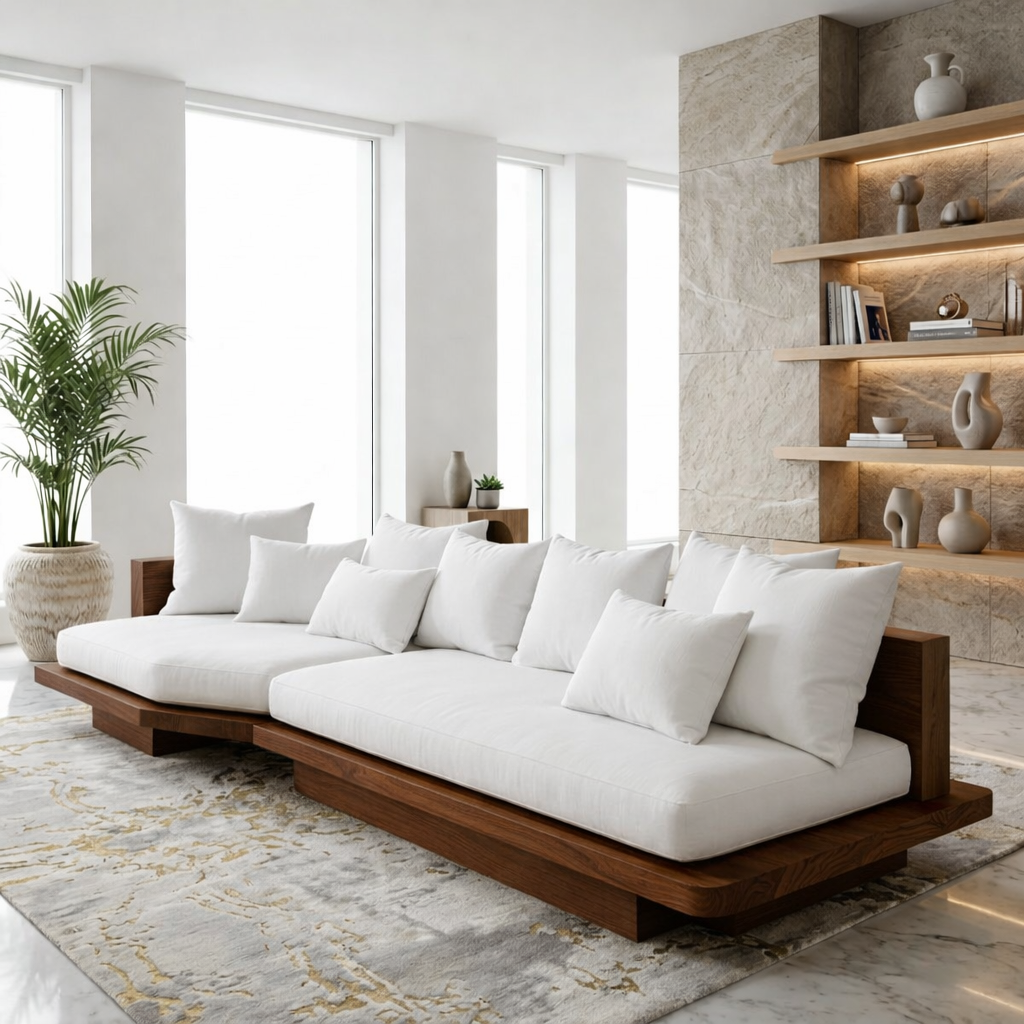 Modern Solid Wood Sofa with White Fabric Cushions Luxury Japandi Living Room Couch