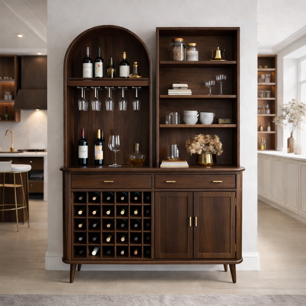 Solid Wood Bar Cabinet with Wine Rack, Arched Shelf & Open Display Storage