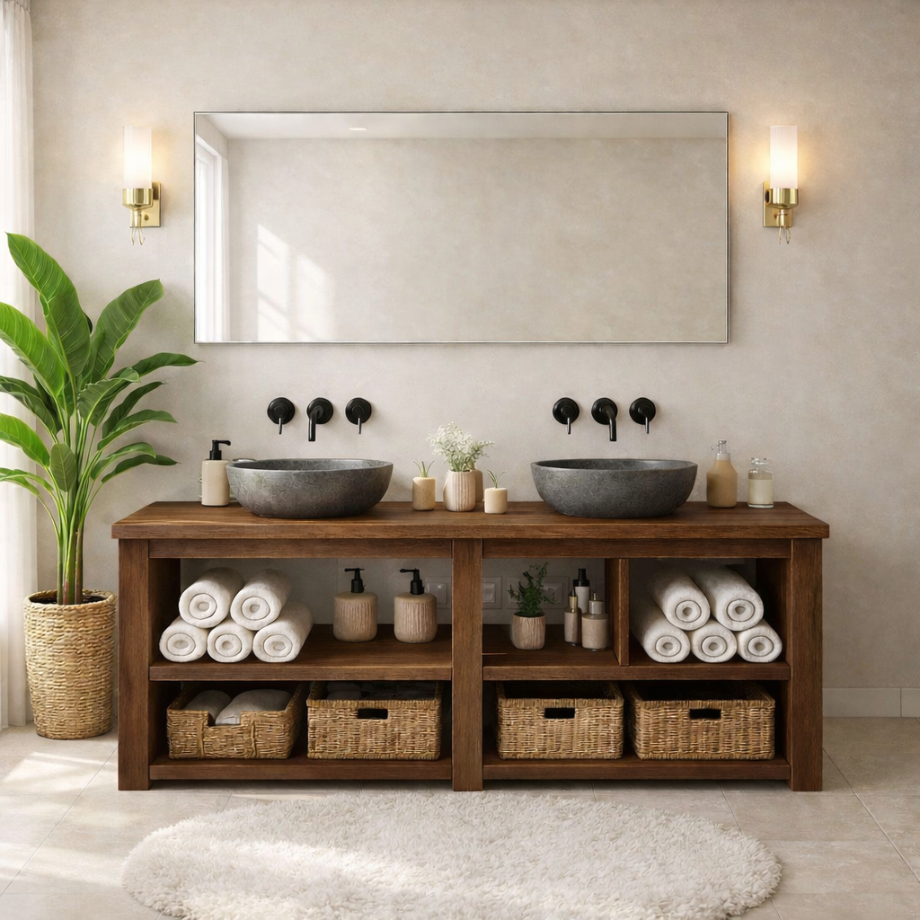 Rustic Double-Sink Wooden Bathroom Vanity with Storage Shelves