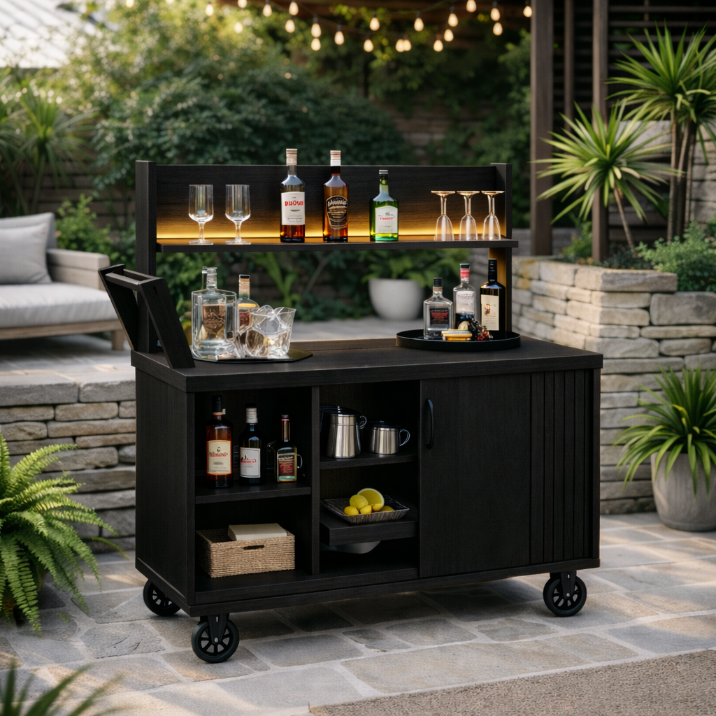 Solid Wood Outdoor Bar Cabinet Cart with Wheels & Storage Shelf – Patio Drink Station