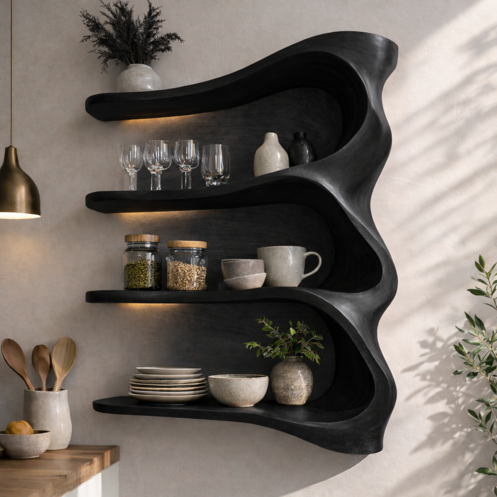 Solid Wood Wall Mounted Kitchen Cabinet Shelf – Curved Organic Wooden Storage Display