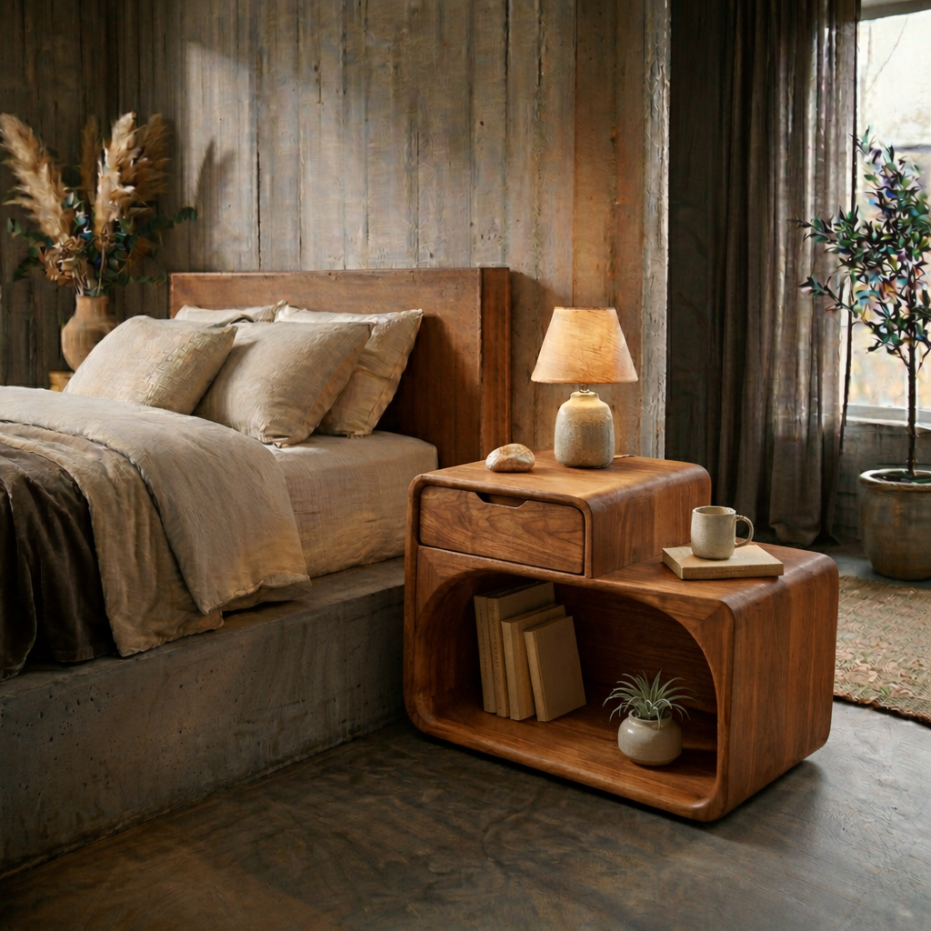 Solid Wood Nightstand with Drawer & Open Shelf – Modern Curved Bedside Table