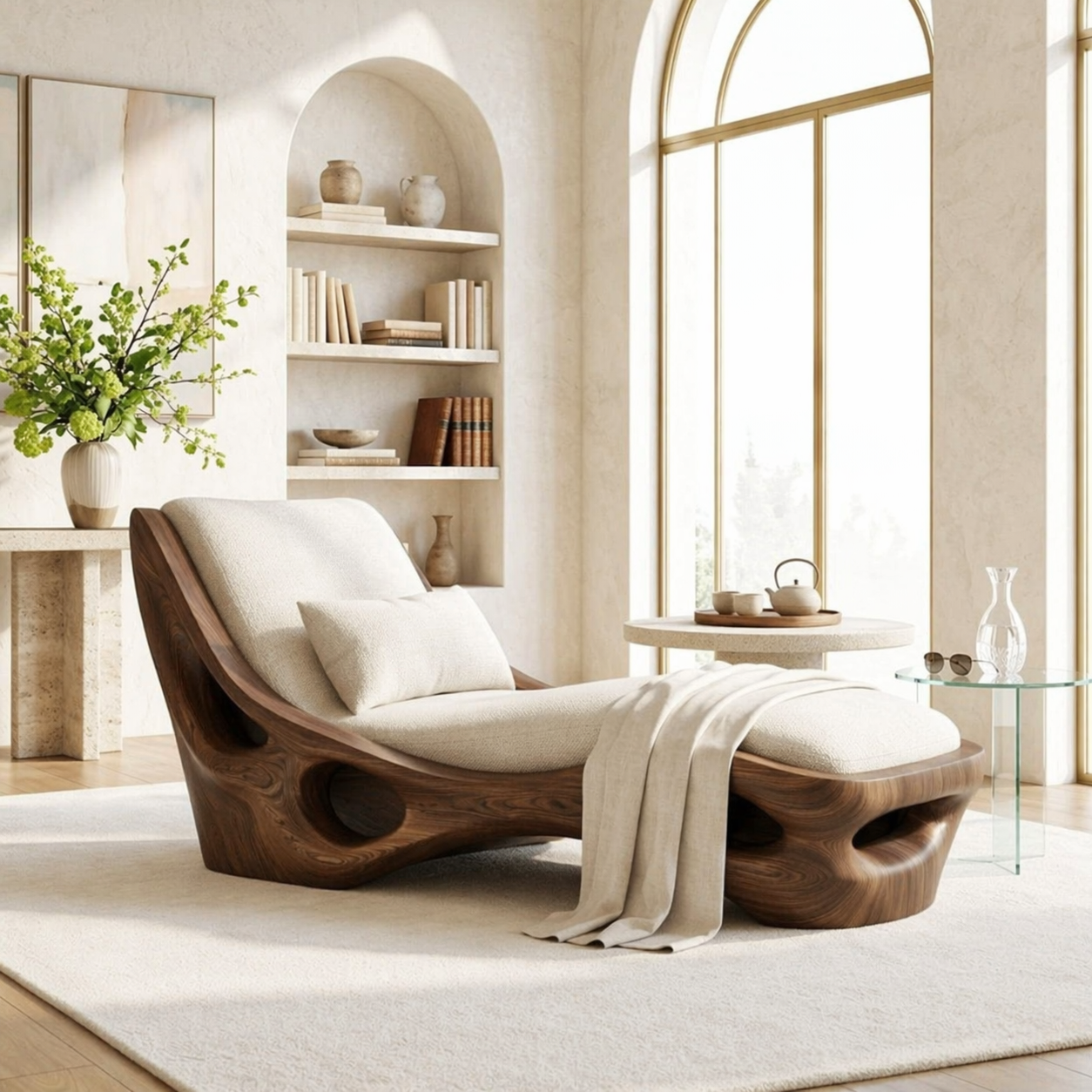 Modern Sculptural Chaise Lounge Chair, Curved Minimalist Statement Furniture Decor