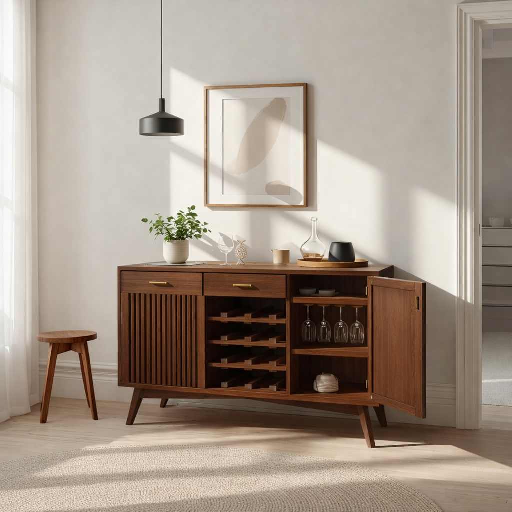 Mid Century Solid Wood Wine Cabinet with Fluted Door and Bottle Storage