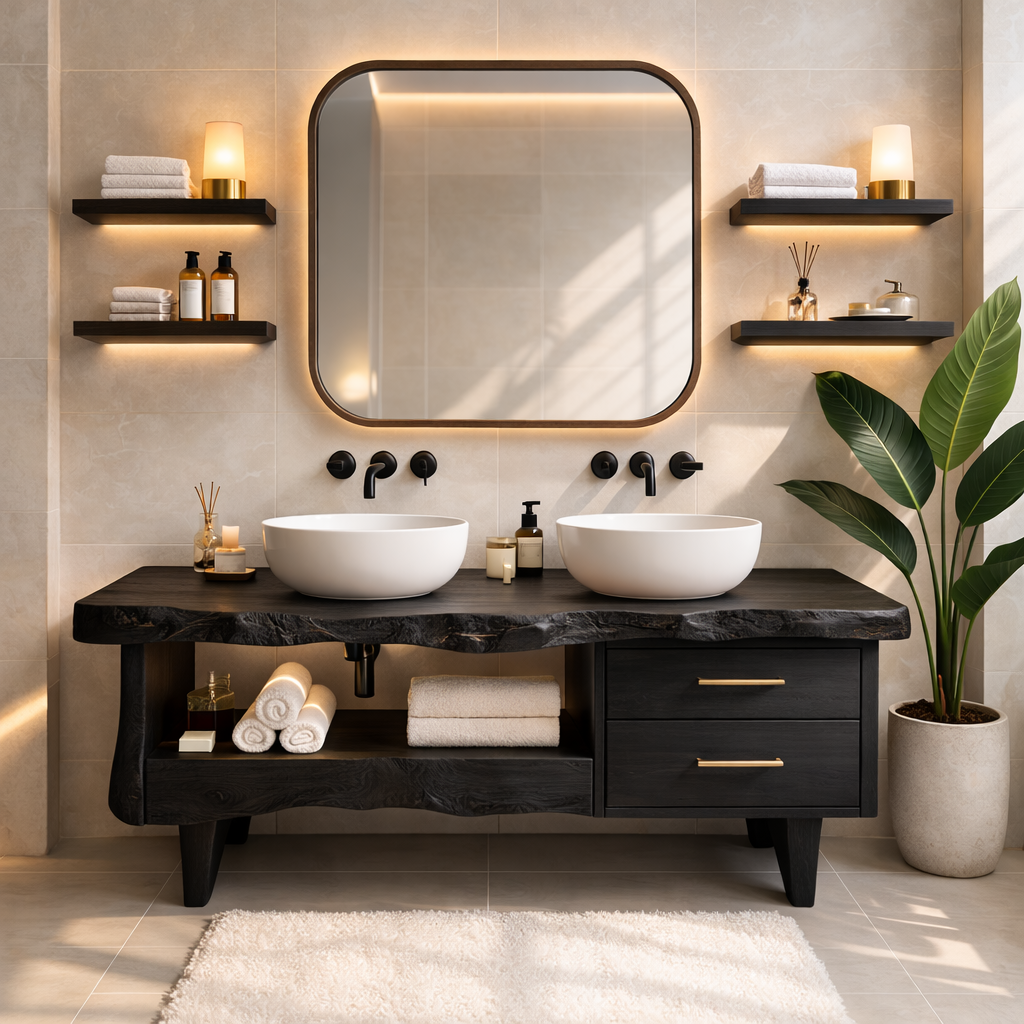 Rustic Double Bathroom Vanity Cabinet With Live Edge Wood Top And Drawers Kitchnce