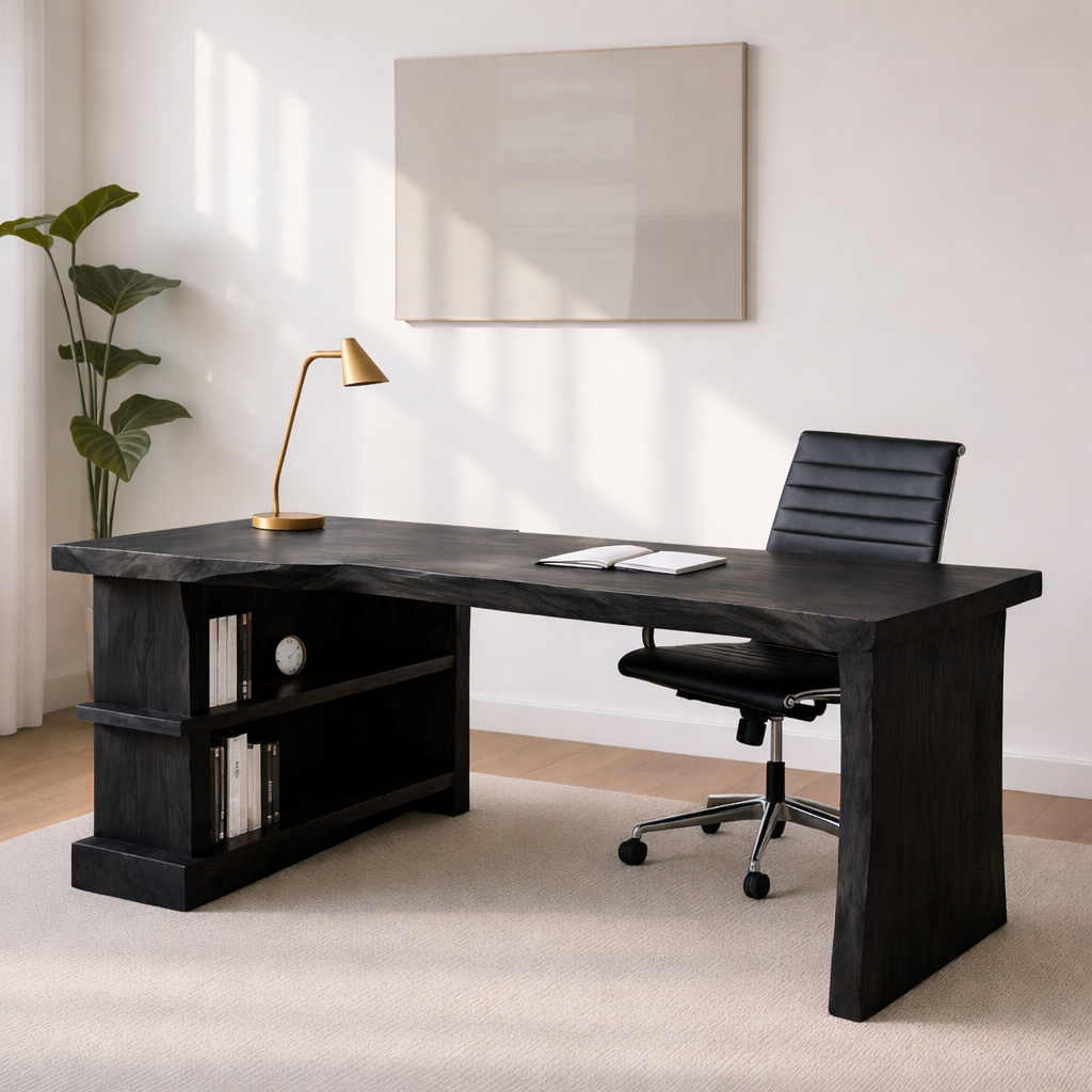 Modern L-Shaped Walnut Desk with Open Shelf – Sculptural Corner Workspace