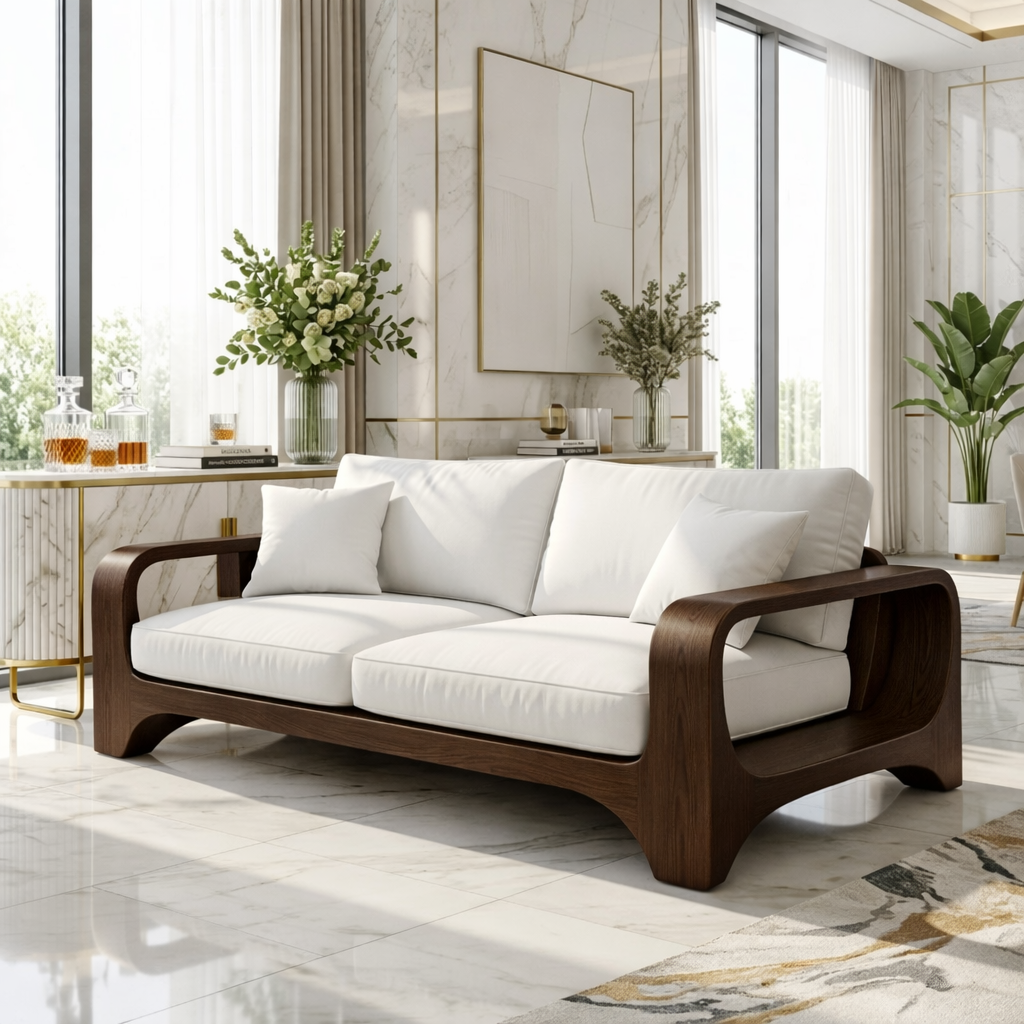 Modern Minimalist Solid Wood Sofa with White Fabric Cushions Zen Style Living Couch
